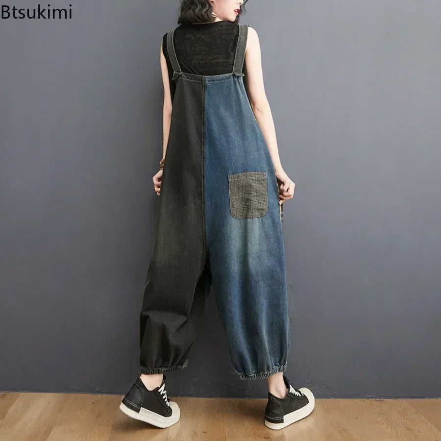 Oversized Denim Straps Pants Women's Fashion Plaid Patchwork Jumpsuits Casual Loose Ladies Wide Leg Reducing Age Jeans Rompers Purplish Diva