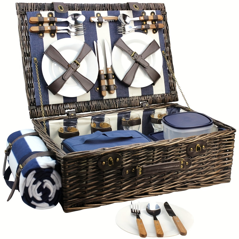 Extra Large Willow Picnic Basket with Service Set for 4 Persons, Natural Wicker Picnic Hamper with Free Food Cooler, Fleece Blanket and Tableware - Best Gift Lootquake LLC