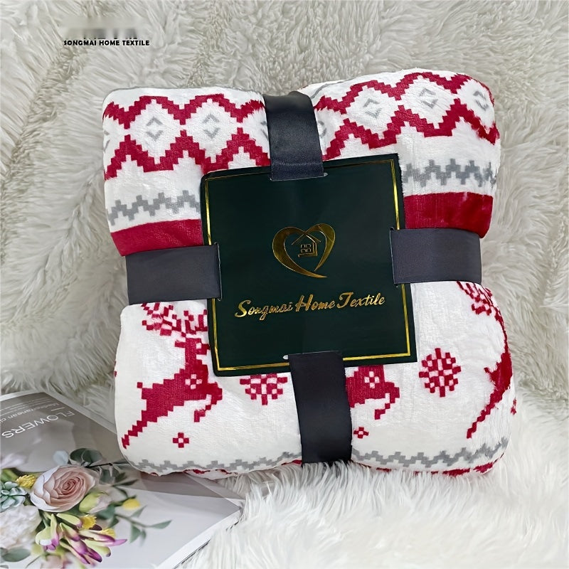 1pc Cozy Christmas Sherpa Blanket - Soft Plush Winter Cabin Throw Blanket for Boys and Girls - Holiday Reindeer Snowflakes Fleece Blanket with Warm and Fuzzy Texture for Cold Weather