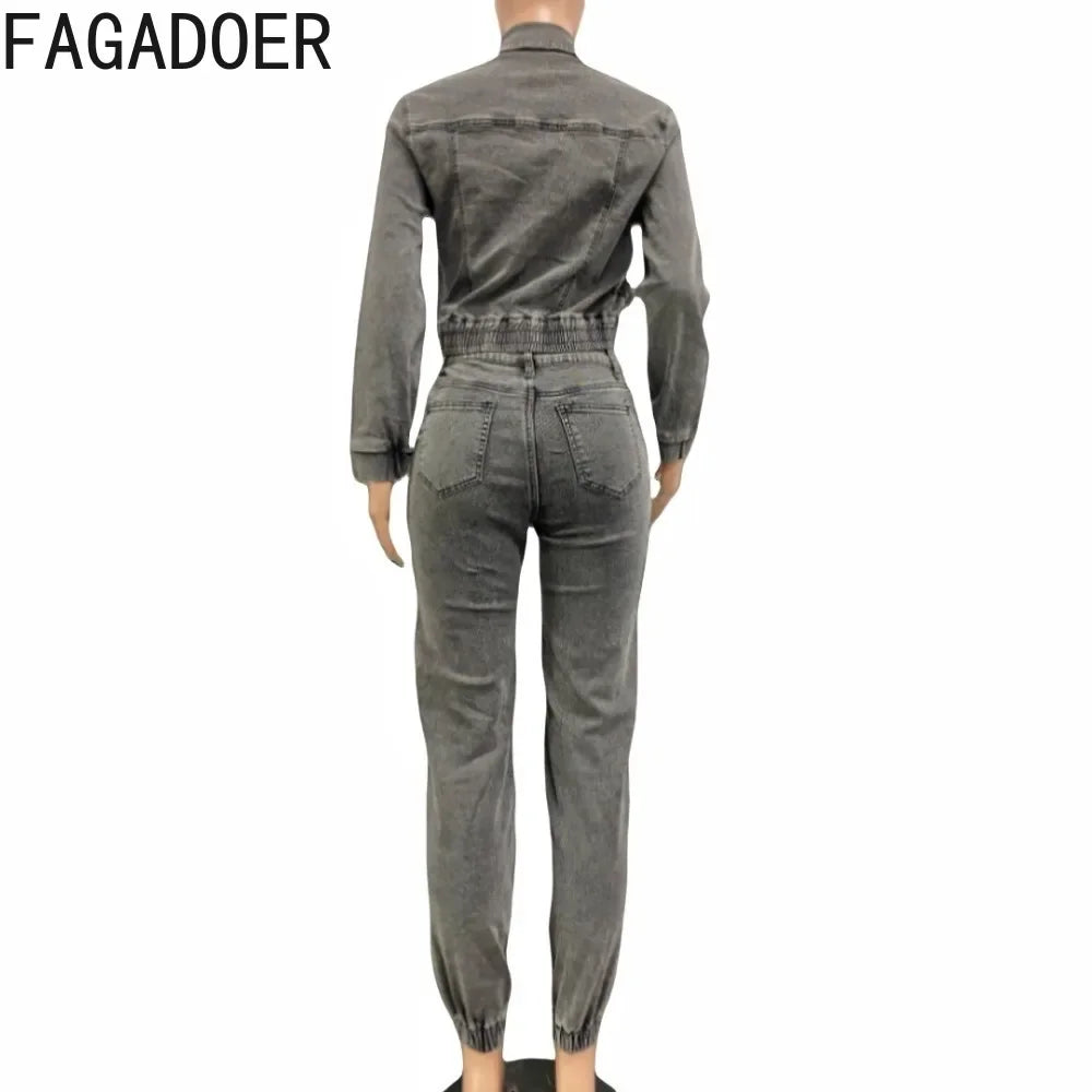 FAGADOER Fashion Denim Two Piece Set for Women Y2k Streetwear Lapel Zip Crop Jacket And Cargo Pockets Stretchy Jeans Outfits Purplish Diva