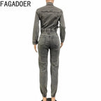 FAGADOER Fashion Denim Two Piece Set for Women Y2k Streetwear Lapel Zip Crop Jacket And Cargo Pockets Stretchy Jeans Outfits Purplish Diva