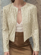 Elegant Women Full-Size Sequin Open Front Cropped Jacket With Glamorous Sparkle Luxury Women Party Jacket Stevvex