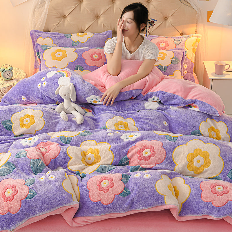 Coral Velvet Sheet Duvet Cover Double Sided Plus Velvet Thick Bedding Set Pi-Mart