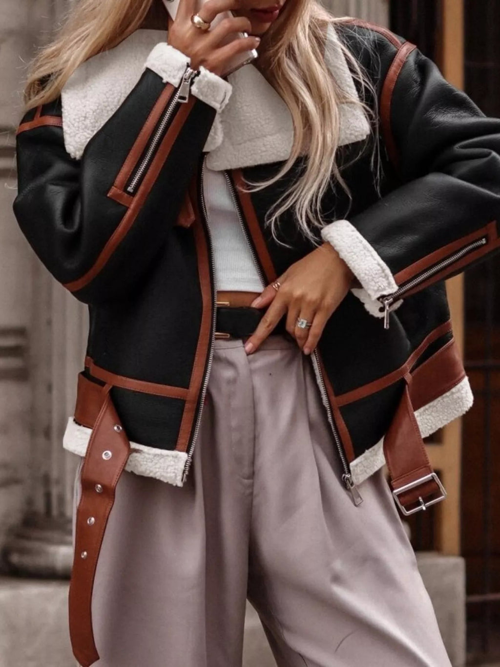 Shearling Lined Zip Up Jacket THRIXINE