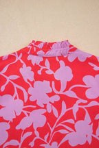 Red Floral 3/4 Sleeve Ruffle Hem Mini Dress