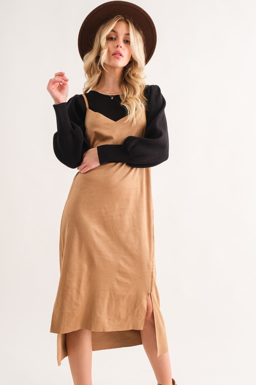 Faux Suede Cut Edge Slit Cami Midi Dress – Elegant Midi Dress, Faux Suede Dress, Chic Slit Dress, Sophisticated Dress, Versatile Cami Dress Stevvex