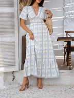 Elegant Printed V-Neck Short Sleeve Maxi Dress Beautiful Casual Women Long Dress