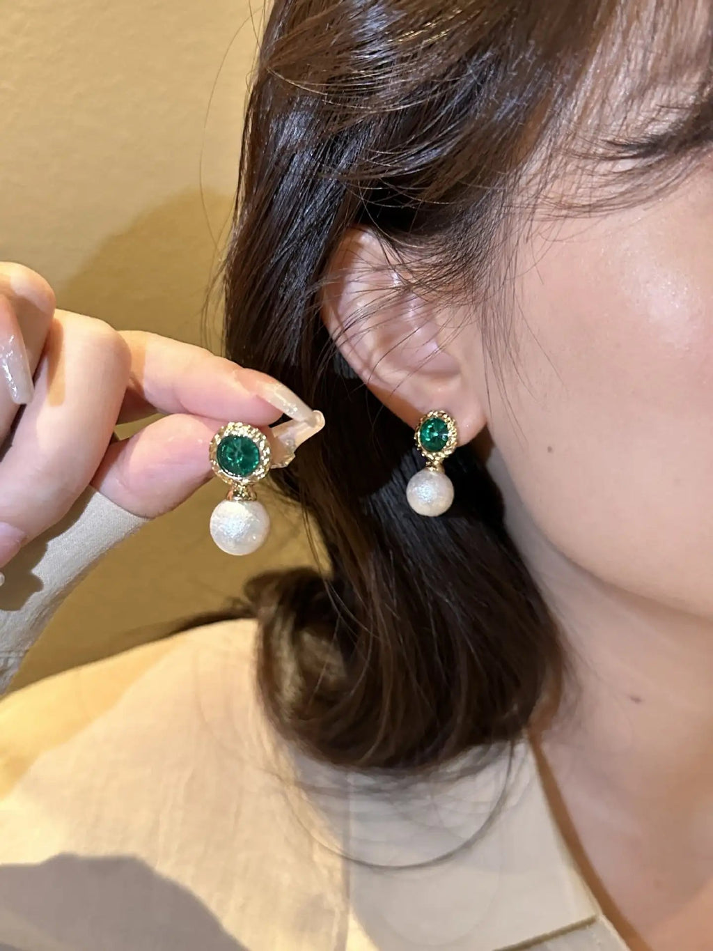 Emerald Rhinestone Pearl Stud Earrings For Women Lootquake LLC