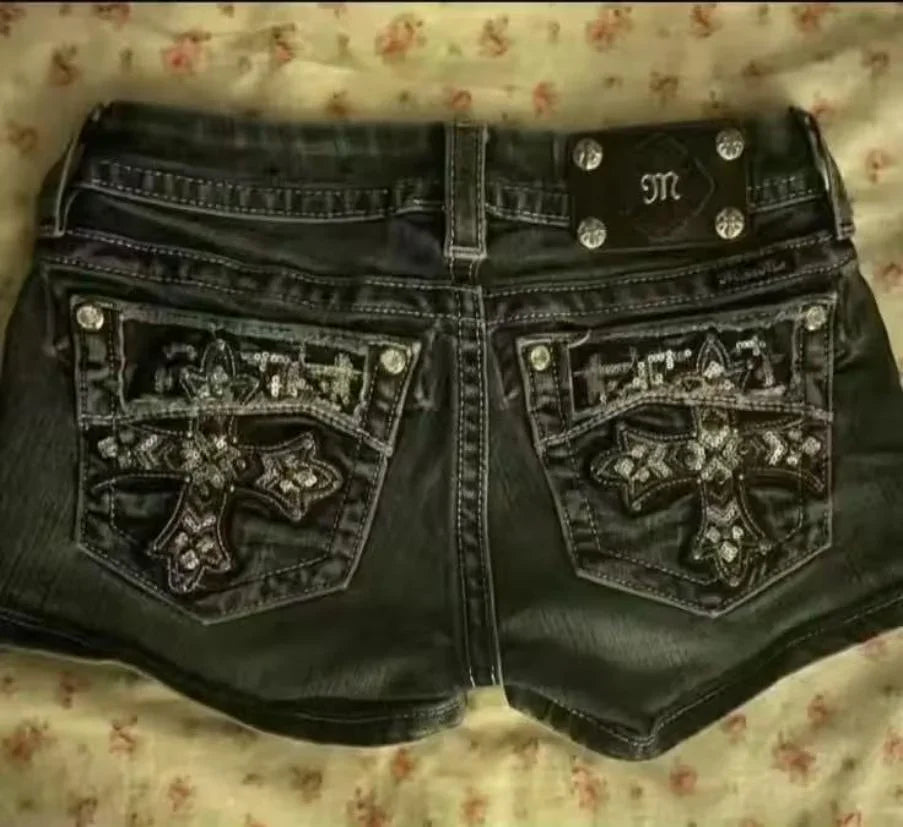 Women's retro Summer casual Buddha statue denim shorts Y2K sexy hot pants high waisted pocket embroidered street mini shorts Purplish Diva