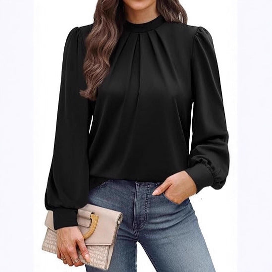 Women's Long Sleeve Small Turtleneck Solid Color Pleated