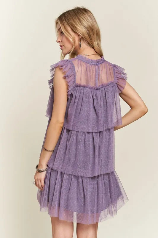 Layered Ruffled Cap Sleeve Mesh Dress For Women – Romantic Mesh Dress with Lace & Ruffled Layers for Elegant Parties & Special Events Stevvex
