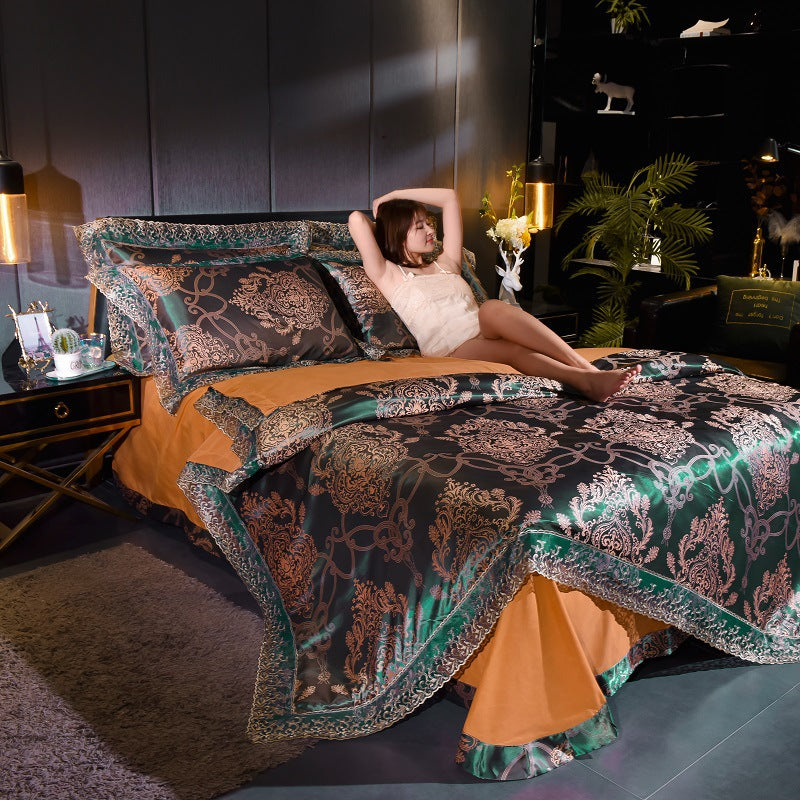Cover Set Wedding Golden Jacquard Bedding Set Lace Flat Sheet Pillowcase 4pcs European Luxury Pi-Mart