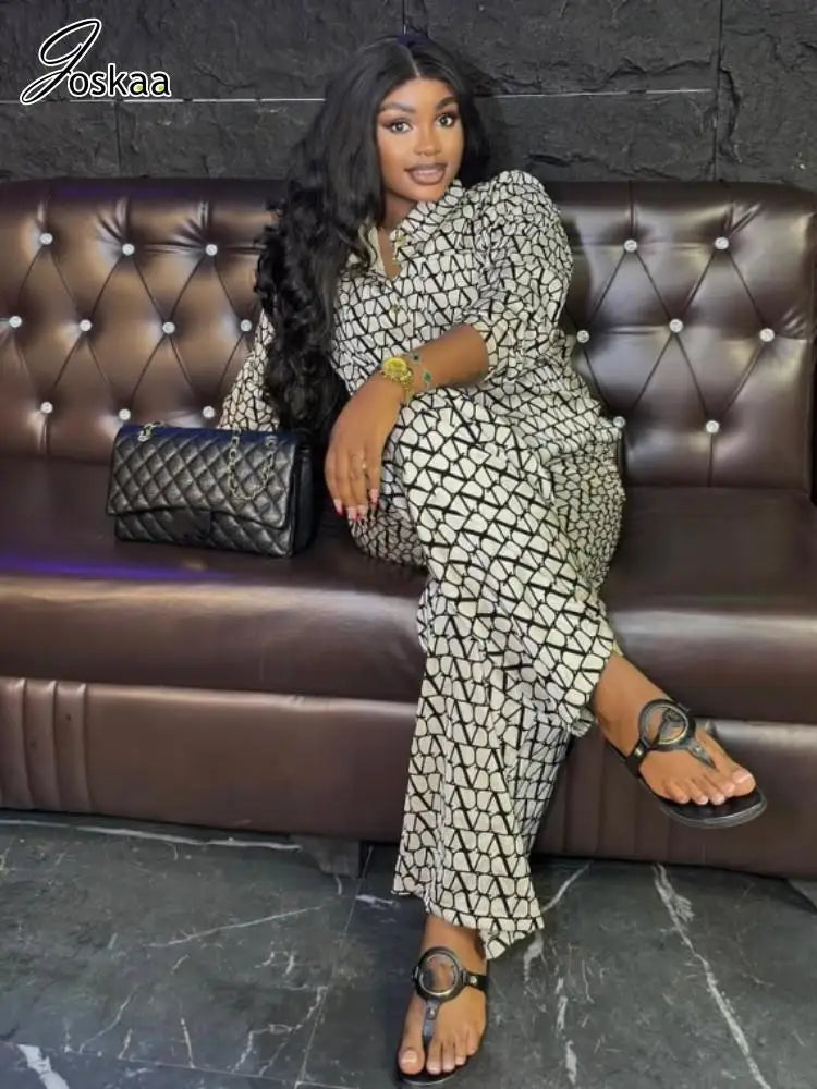 Joskaa Print 2 Piece Sets Women Hipster Lapel Full Sleeve Oversized Blouse and Wide Leg Pants Matching 2025 Y2K Streetwear Purplish Diva
