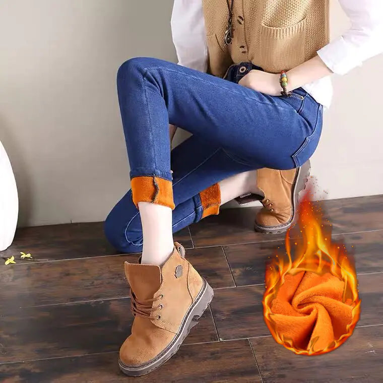 High Waist Plush Jeans for Women - Winter Style