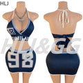 HLJ Blue Sexy Y2K Letter Printing Mini Skirts Two Piece Sets Women Halter V Neck Bangage Slim Crop Top And Skirts Outfits 2025 Purplish Diva