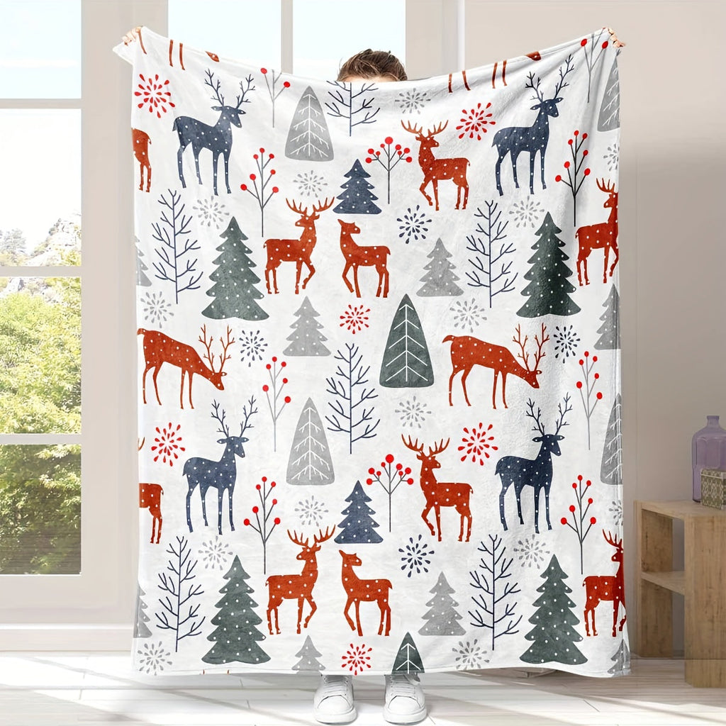 1pc Throw Blanket, Christmas Theme Deer Pattern Printed Blanket, Warm Cozy Soft Blanket For Couch Bed Sofa Car Office Camping Travelling, Gift Blanket Suitable For All Seasons Lootquake LLC