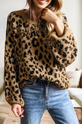 Light French Beige Rib Trim Round Neck Leopard Print Off-shoulder Sweater Pi-Mart