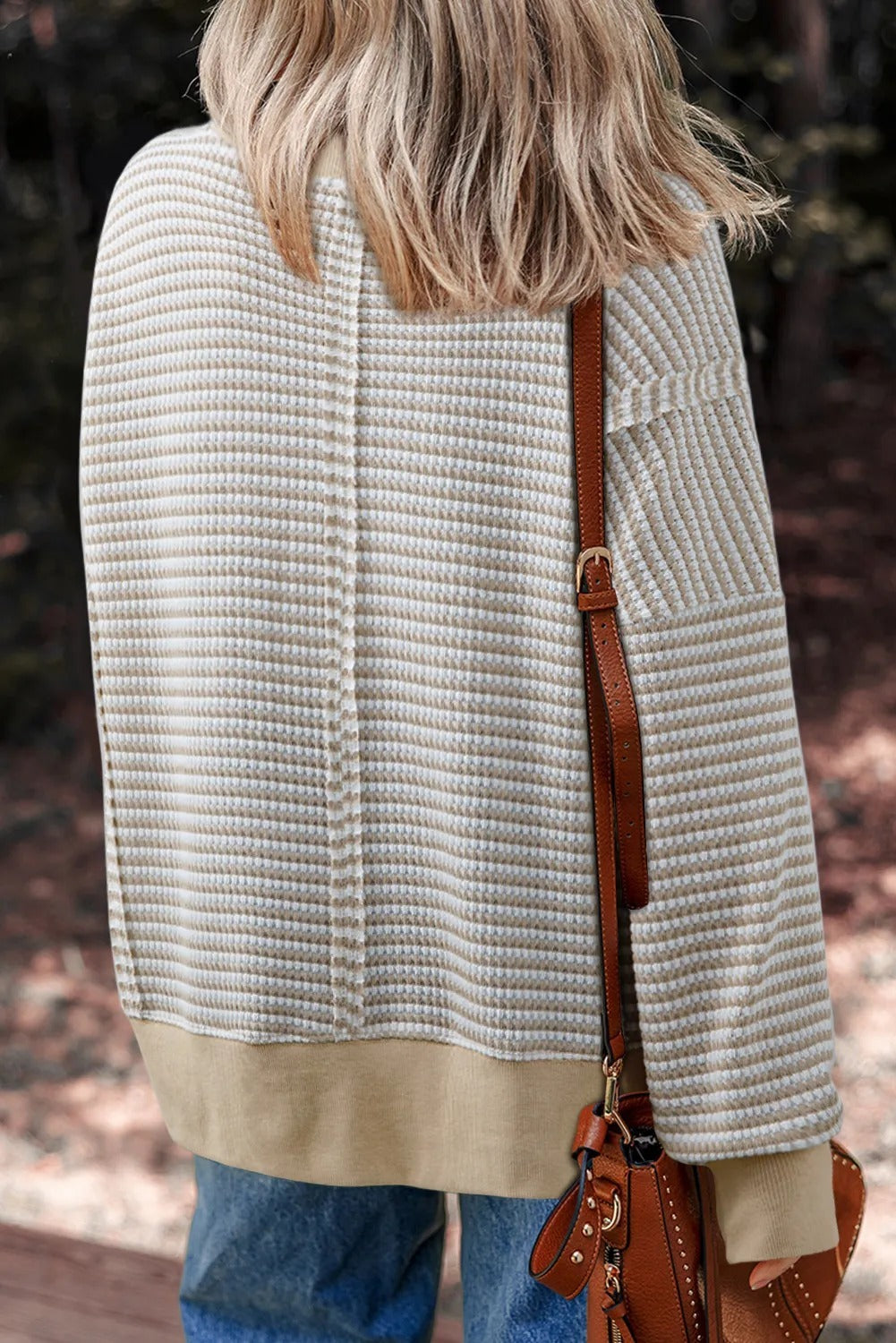 Brown Stripe Ribbed Trim Drop Shoulder Long Sleeve Oversize Top Pi-Mart