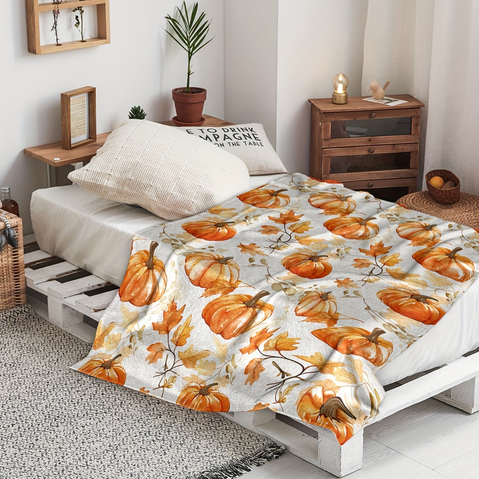 Cozy Flannel Thanksgiving Blanket - Rustic Pumpkin & Maple Leaf Design, Soft Orange Throw for Sofa, Bedroom, Camping - Perfect Fall Decor Gift Lootquake LLC
