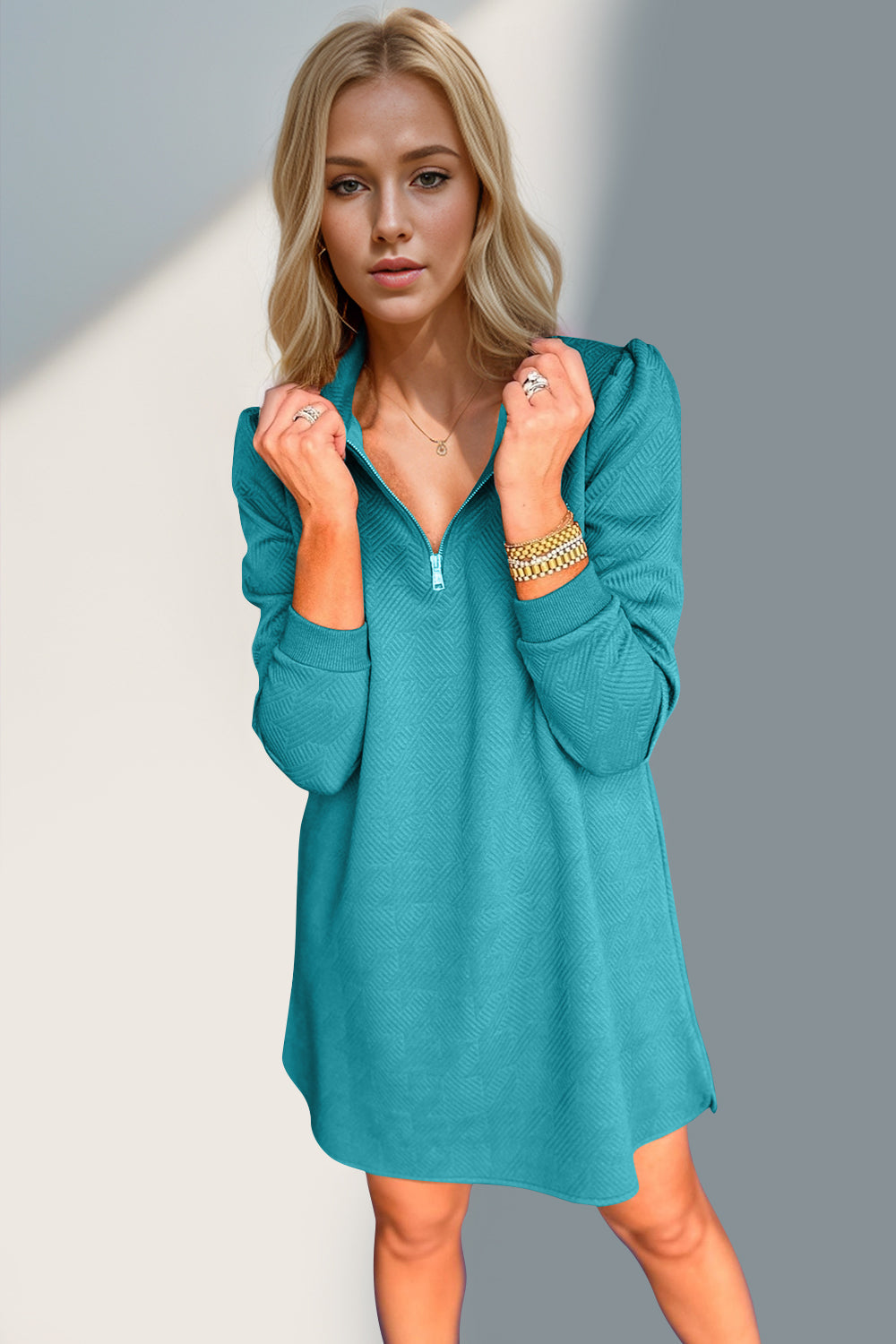 Double Take Textured Zip Long Sleeve Dress Classic Zip-Up Dress for Women Comfortable Outdoor Dress Stevvex