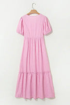 Pink Striped V Neck Puff Sleeve Frill Tiered Maxi Dress