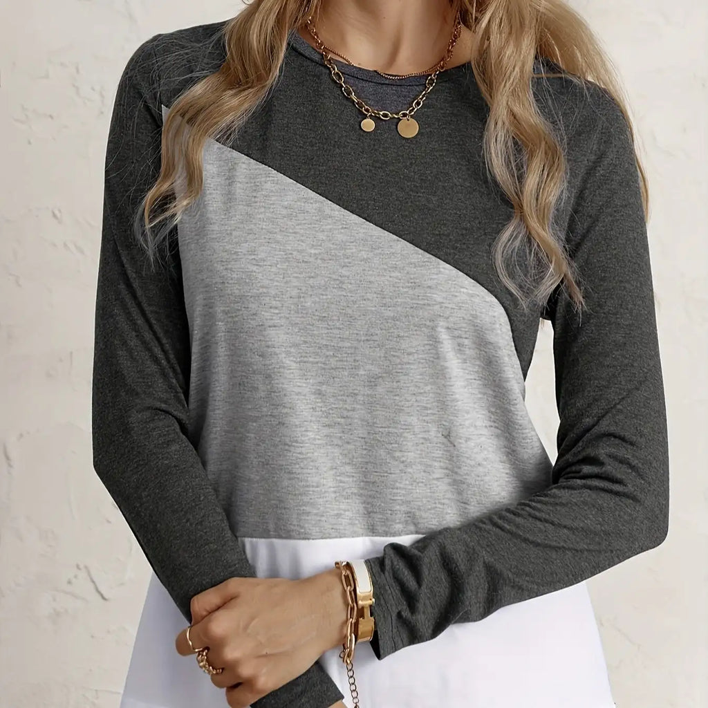 Ladies' Fashionable Casual Patchwork Color Long Sleeved T-shirt Top - SJB-DIAMOND ELITES