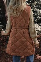 Coffee Puffer Quilted Stand Collar Pocketed Vest Coat