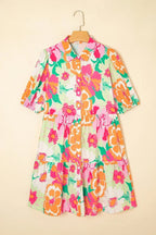 Green Floral Puff Sleeve Buttoned Babydoll Dress