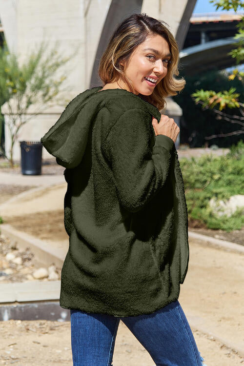 Women Full Size Teddy Hooded Jacket with Pockets Cozy Casual Jacket Comfortable Women Jacket Stevvex