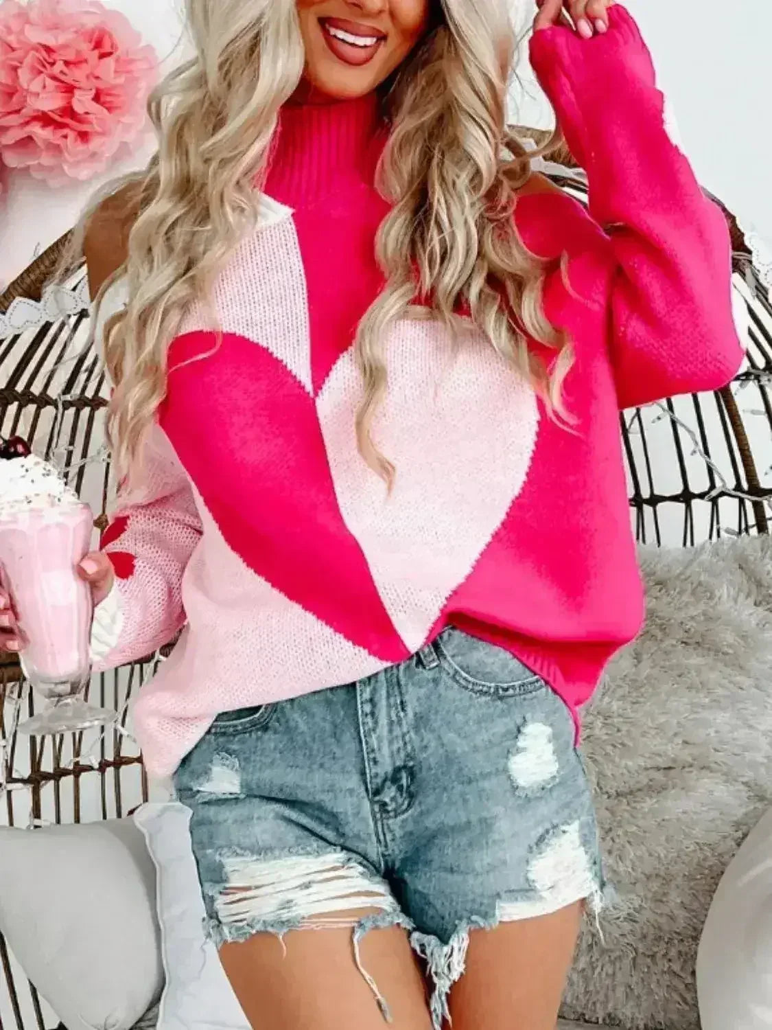 Valentine's Day Heart Turtleneck Cold Shoulder Sweater - SJB-DIAMOND ELITES