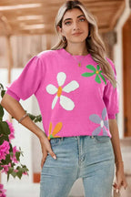 Bright Green 60s Floral Bubble Short Sleeve Knitted Top