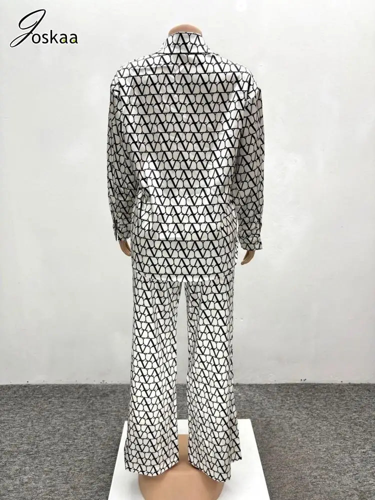 Joskaa Print 2 Piece Sets Women Hipster Lapel Full Sleeve Oversized Blouse and Wide Leg Pants Matching 2025 Y2K Streetwear Purplish Diva