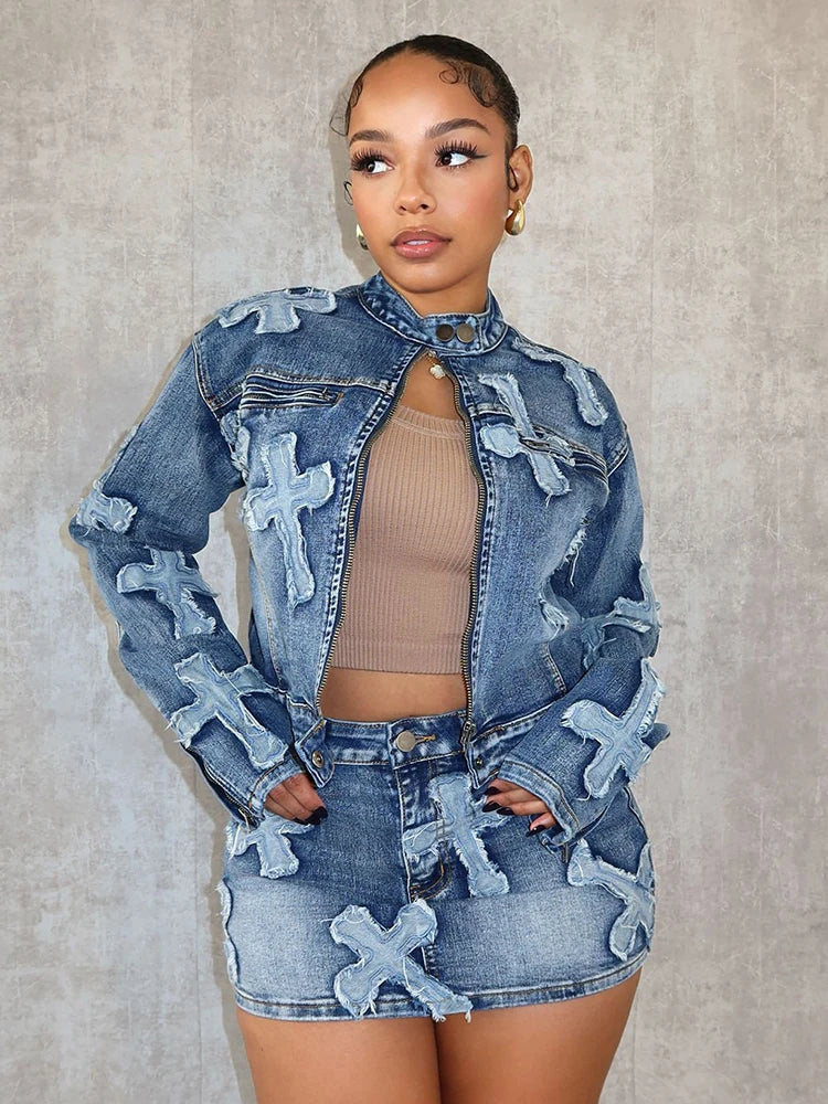 2 Piece Denim Sets Womens Outfits Spring Long Sleeve Zipper Jacket and Mini Skirt Set Sweet Sexy Outfits Wholesale Dropshipping Purplish Diva