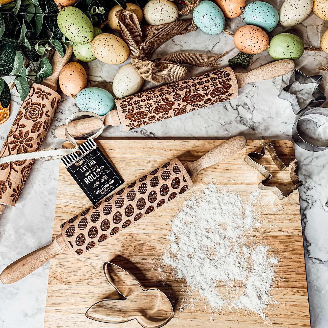 Easter Spring Rolling Pins for Kids and Bakers - Embossed Cookie Dough Pins BandsCo Straps