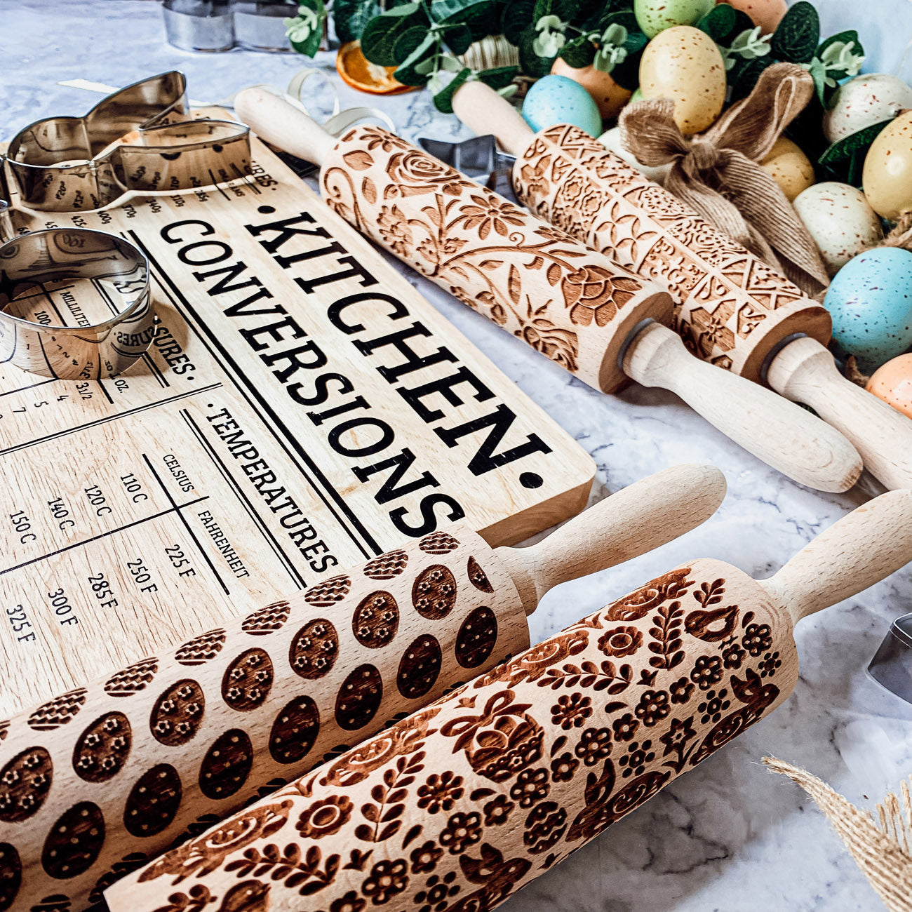 Easter Spring Rolling Pins for Kids and Bakers - Embossed Cookie Dough Pins BandsCo Straps