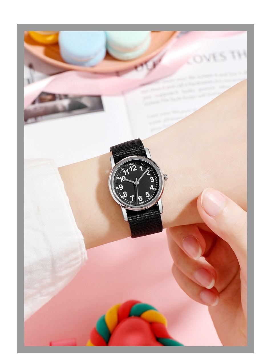 Easy To Read Quartz Watches Nylon Strap Sweat Proof Movement Analog Watch For Girls Boys Teens Minimalist Wrist Watch With Soft Band Learning Time Watch First Watch Soft Cloth Strap Stevvex