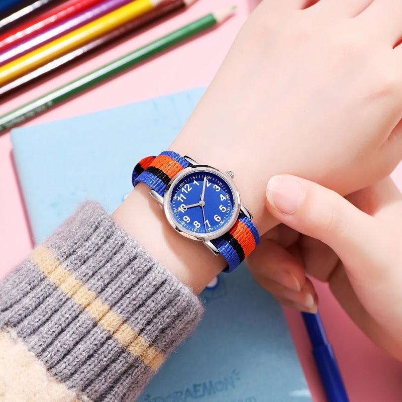 Easy To Read Quartz Watches Nylon Strap Sweat Proof Movement Analog Watch For Girls Boys Teens Minimalist Wrist Watch With Soft Band Learning Time Watch First Watch Soft Cloth Strap Stevvex
