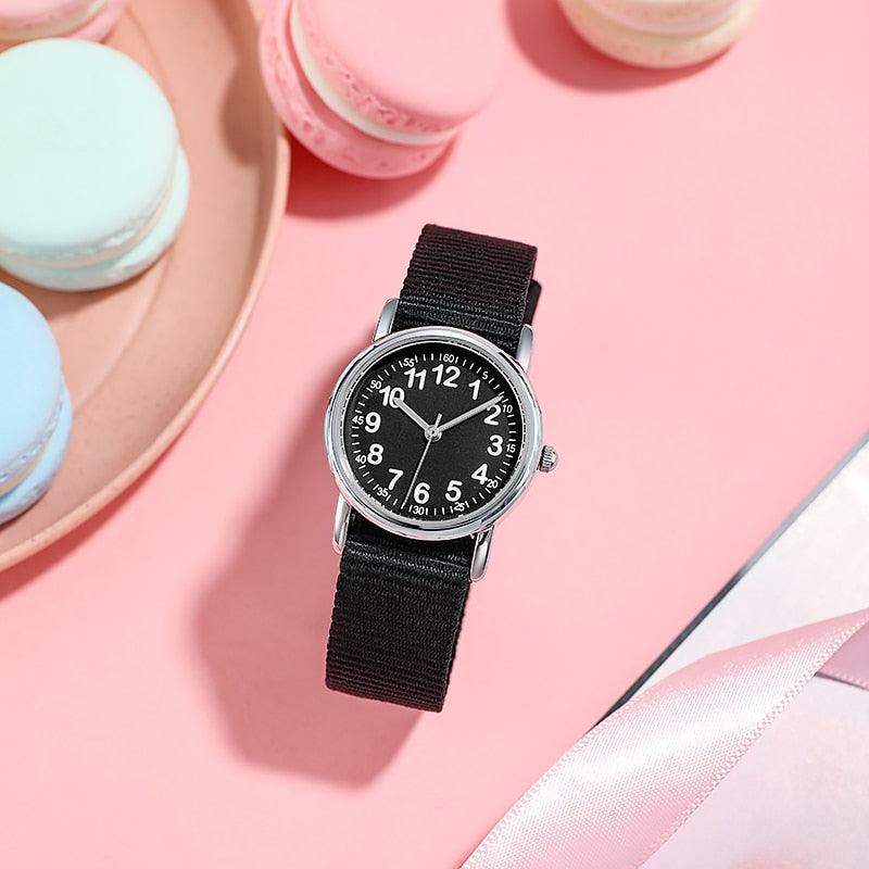 Easy To Read Quartz Watches Nylon Strap Sweat Proof Movement Analog Watch For Girls Boys Teens Minimalist Wrist Watch With Soft Band Learning Time Watch First Watch Soft Cloth Strap Stevvex