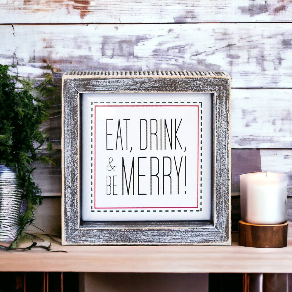 Eat Drink Merry 5 Inch Wood Sign Holiday Kitchen Wall Decor Rustic Christmas Home Accent BandsCo Straps