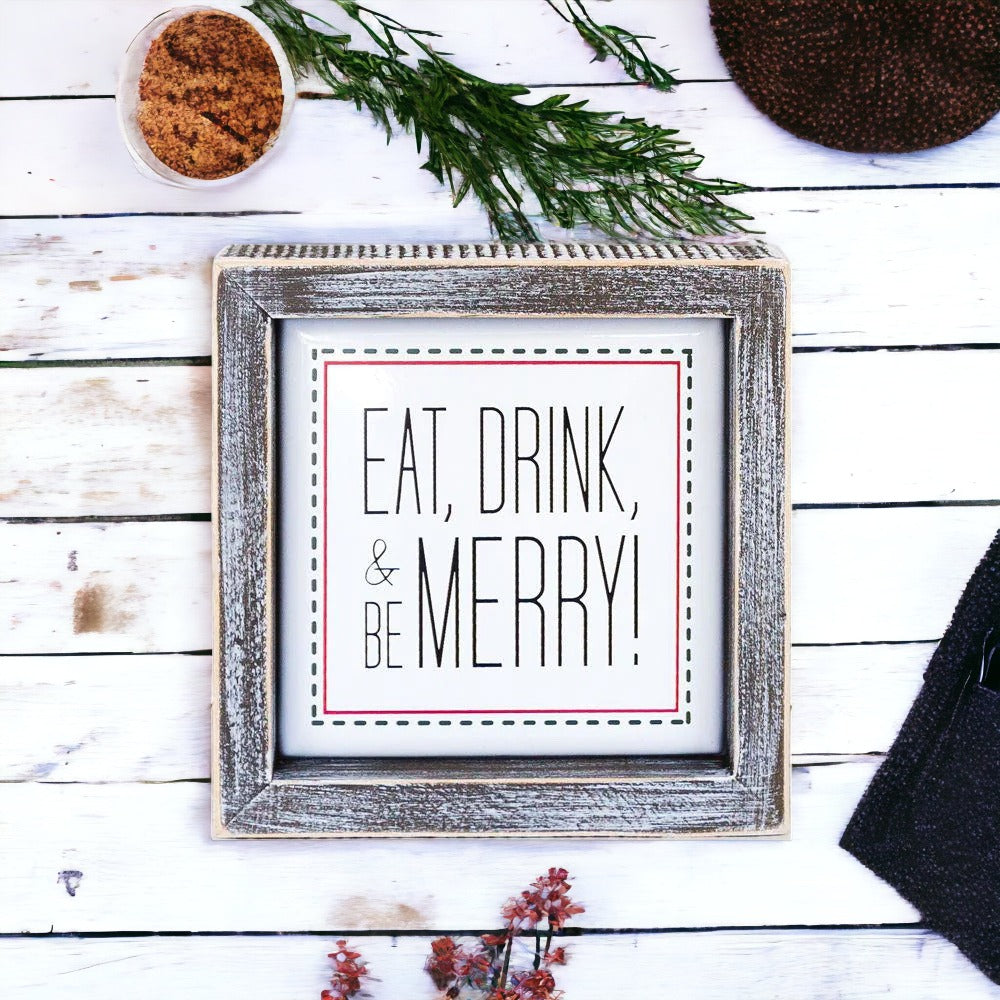 Eat Drink Merry 5 Inch Wood Sign Holiday Kitchen Wall Decor Rustic Christmas Home Accent BandsCo Straps