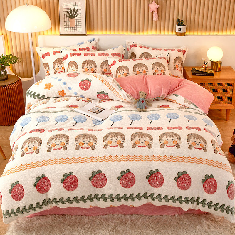 Coral Fleece Duvet Cover Sheet Flannel Pillowcase Pi-Mart