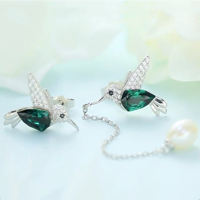 Hummingbird Jewelry Set Silver Plated Chain Necklace Stud Pi-Mart