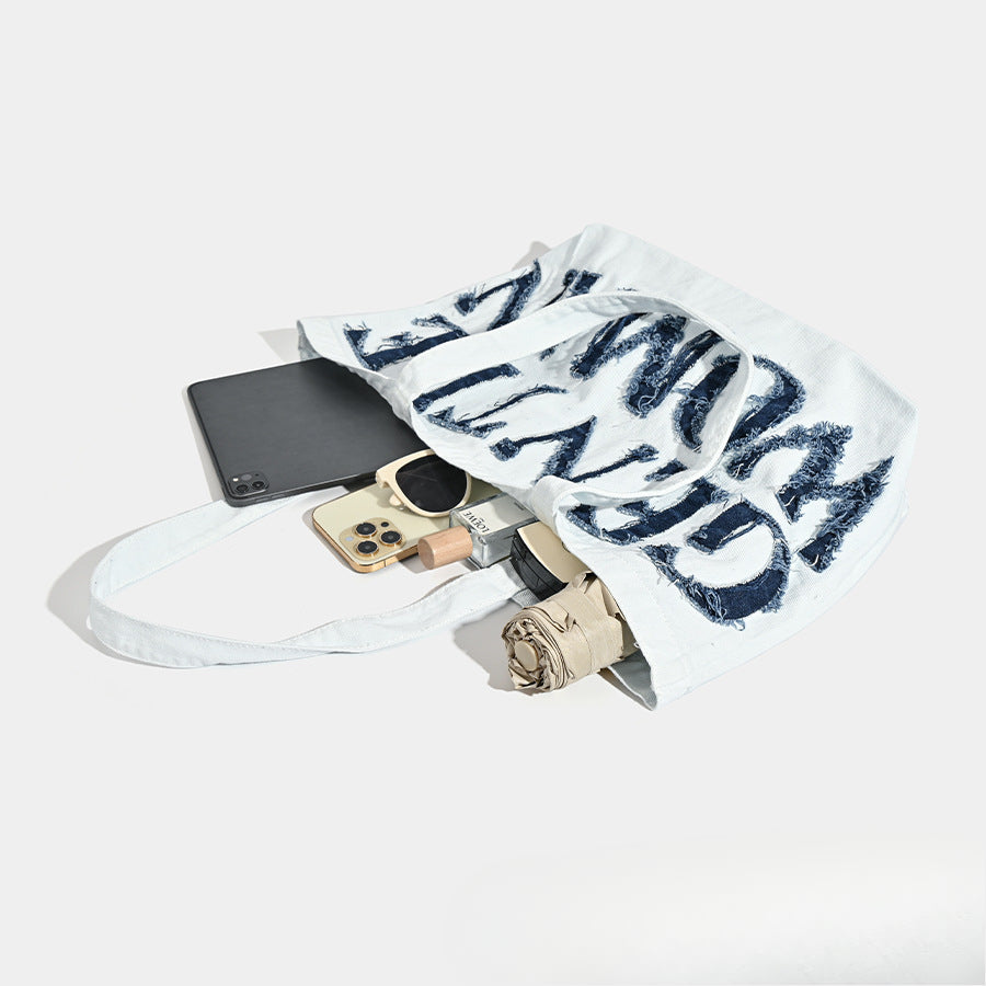 Large capacity shoulder canvas bag, retro denim tote bag big, handheld letter sticker cloth bag, tote bag large - SJB-DIAMOND ELITES