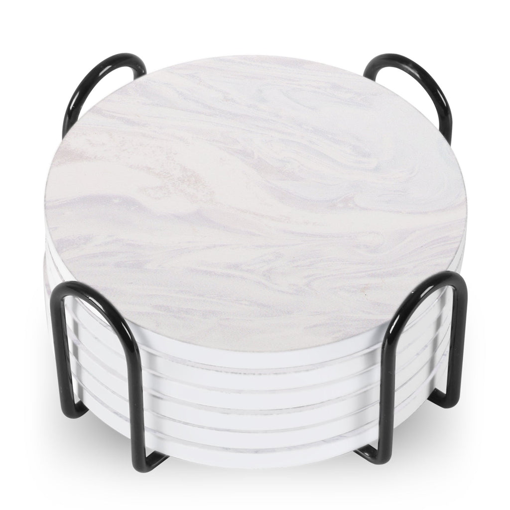 Set Of 6 Beverage Coasters With Stand Round 4in Ceramic Coaster With Metal Stand Absorbent Marble Stone Coaster With Cork Base Pi-Mart