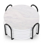 Set Of 6 Beverage Coasters With Stand Round 4in Ceramic Coaster With Metal Stand Absorbent Marble Stone Coaster With Cork Base Pi-Mart