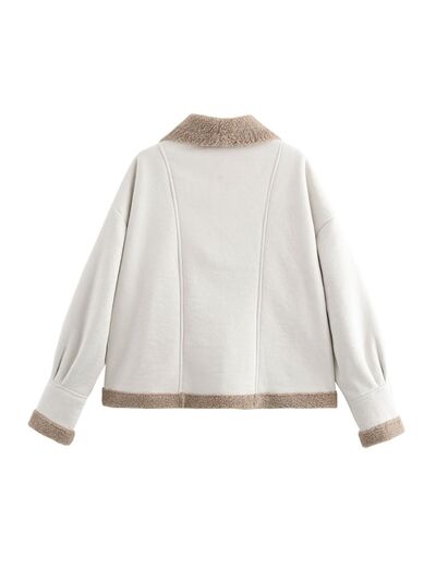 Fuzzy Collared Neck Long Sleeve Jacket with Buttoned Closure and Cozy Pockets Stevvex