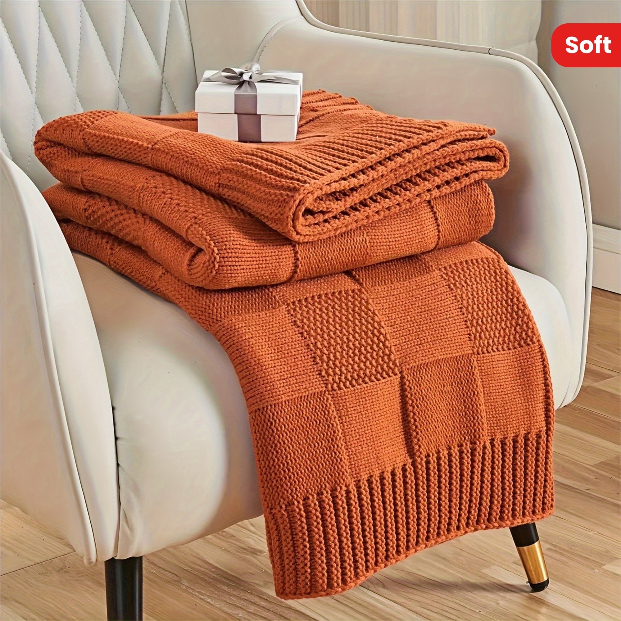 1pc Knit Throw Blanket, White Checkered Throw Blanket For Couch, Soft Cozy Warm Knitted Throw Blanket For Bed Sofa Lootquake LLC
