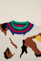 Apricot Contrast Ribbed Stripes Animal Pattern Knit Sweater