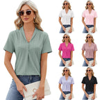 V-neck Hollow Design T-shirt Summer Loose Short-sleeved Top For Womens Clothing Pi-Mart