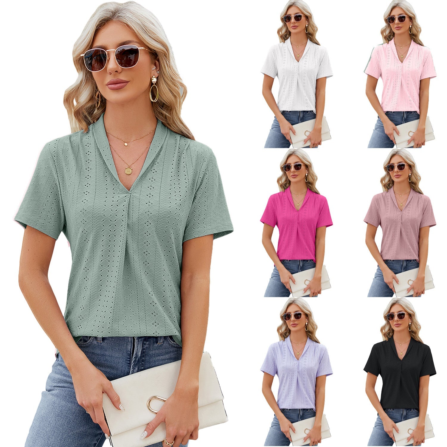 V-neck Hollow Design T-shirt Summer Loose Short-sleeved Top For Womens Clothing Pi-Mart